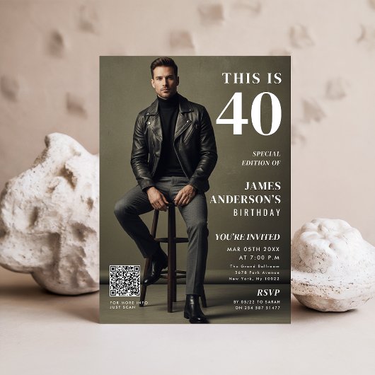 Magazine Cover Photo Mens 40th Birthday QR Code Kaart