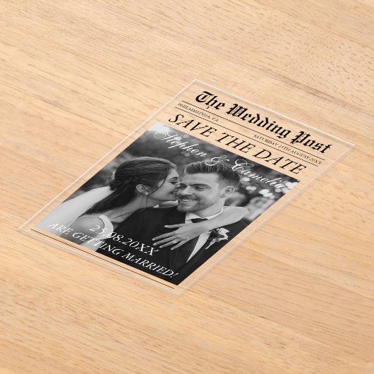 Magazine Editorial Newspaper Wedding Save the Date Acryl Uitnodigingen (Laagn)
