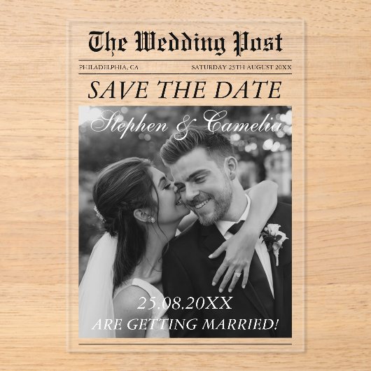 Magazine Editorial Newspaper Wedding Save the Date Acryl Uitnodigingen (Voorkant)