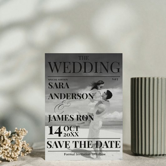 Magazine Editorial Newspaper Wedding Save the Date Kaart
