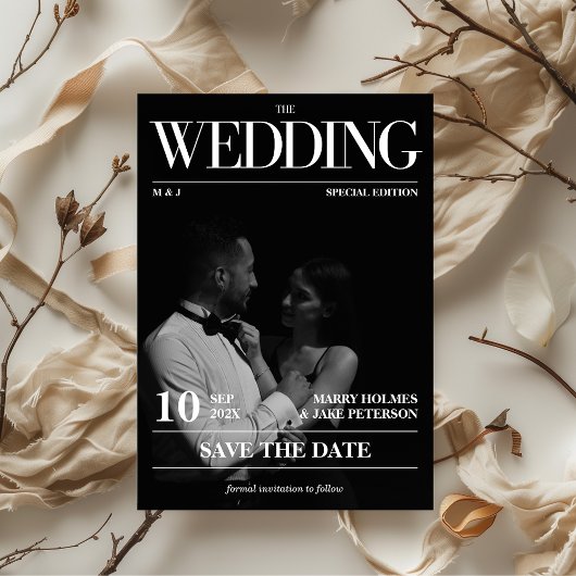 Magazine Editorial Newspaper Wedding Save the Date Kaart