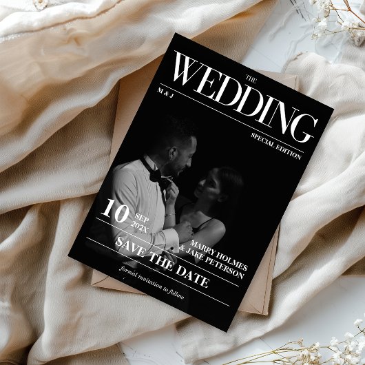 Magazine Editorial Newspaper Wedding Save the Date Kaart