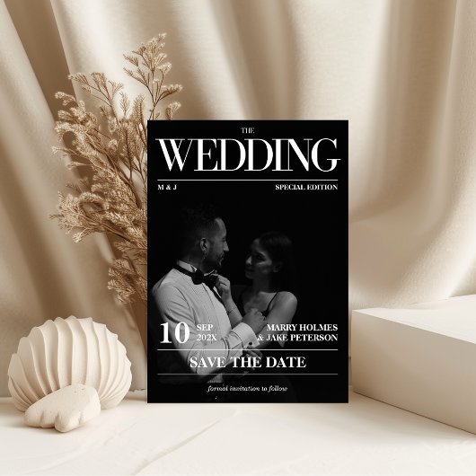 Magazine Editorial Newspaper Wedding Save the Date Kaart