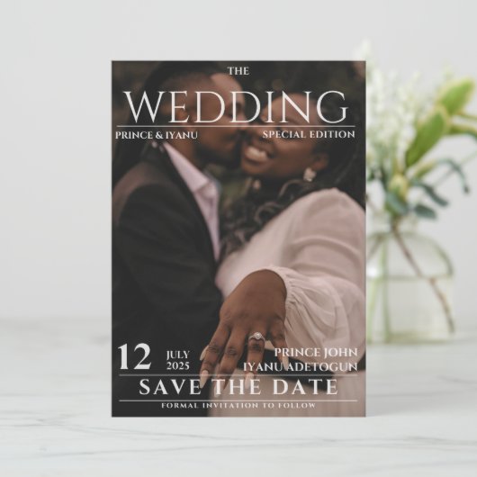 Magazine Editorial Newspaper Wedding Save the Date Kaart (Staand voorkant)