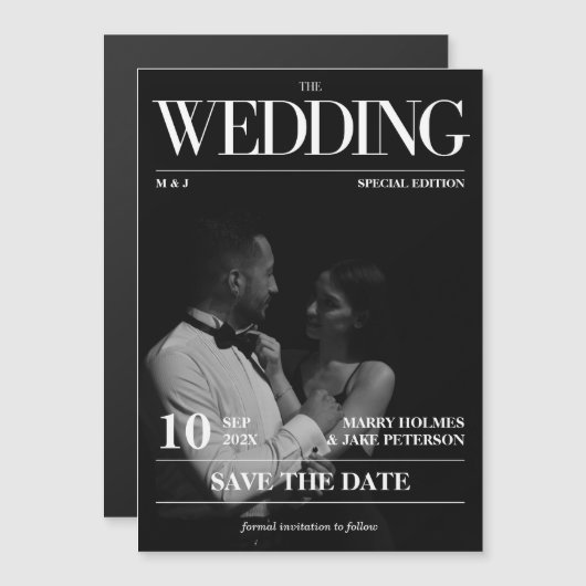 Magazine Editorial Newspaper Wedding Save the Date Magnetische Uitnodiging (Voorkant / Achterkant)