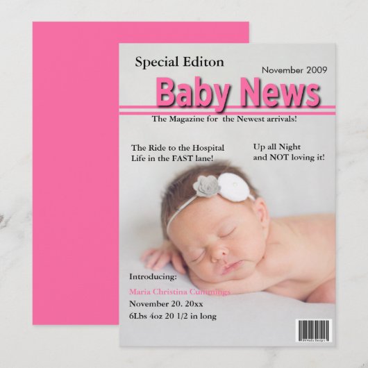 Magazine Hoesje Birth Announcement (Roze) Aankondiging (Voorkant / Achterkant)