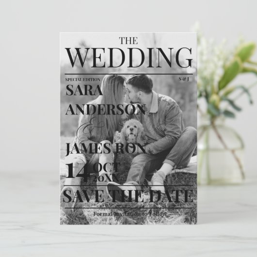 Magazine Unique Newspaper Wedding Save the Date Kaart (Staand voorkant)