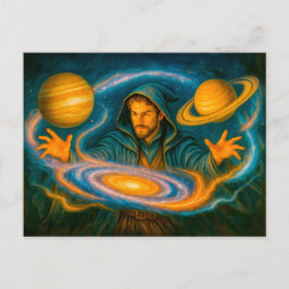 Mage die de ruimte beheerst in kosmisch olieverfsc feestdagenkaart