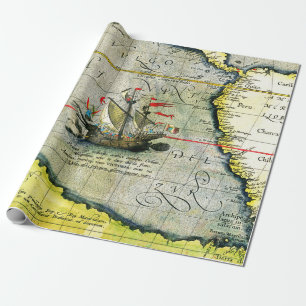 Magellans schip Victoria, Antiek kaart Stille Ocea Cadeaupapier