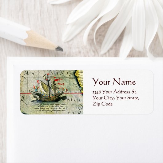 Magellans schip Victoria, Antiek kaart Stille Ocea Etiket (Insitu)