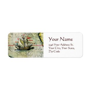 Magellans schip Victoria, Antiek kaart Stille Ocea Etiket