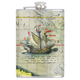 Magellans schip Victoria, Antiek kaart Stille Ocea Heupfles