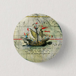 Magellans schip Victoria, Antiek kaart Stille Ocea Ronde Button 3,2 Cm