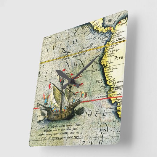 Magellans schip Victoria, Antiek kaart Stille Ocea Vierkante Klok (Hoek)