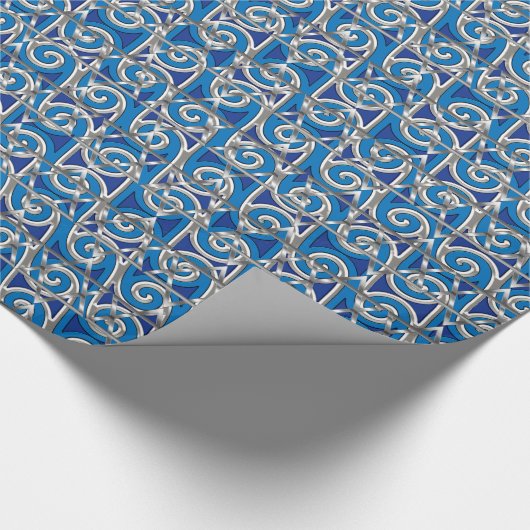 Magen David Swirl Blauw en Zilver Mozaïek Cadeaupapier (Hoek)