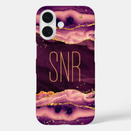 Magenta Agate Geode Monogram Naam Gold Glitter iPhone 16 Hoesje