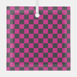 Magenta and smoke checkerboard pattern glas ornament