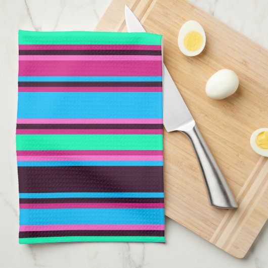 Magenta, Aqua en Blauw Gestreepte Keuken Handdoek (Quarter Fold)