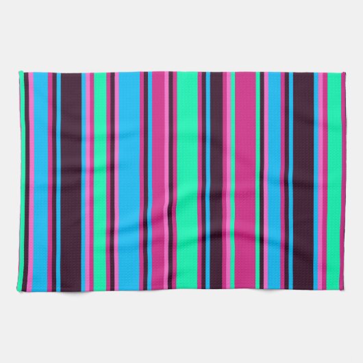 Magenta, Aqua en Blauw Gestreepte Keuken Handdoek (Horizontaal)