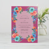 Magenta Aqua Wilde Bloem Bruiloft Kaart (Staand voorkant)