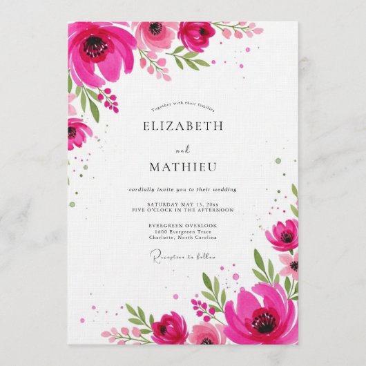 Magenta Artistic Floral Wedding Kaart (Voorkant)