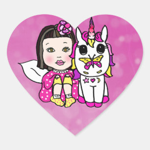 Magenta Asian Fairy and Unicorn Heart Shaped Hart Sticker