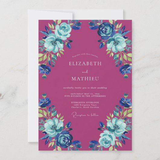 Magenta Azure Ranunculus Eucalyptus Bruiloft Kaart (Voorkant)