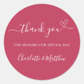 Magenta bedankt je hart bruiloft ronde sticker (Voorkant)