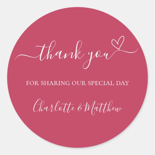 Magenta bedankt je hart bruiloft ronde sticker (Voorkant)