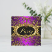 Magenta Birthday Party Damask Paars Pink Gold Kaart (Staand voorkant)
