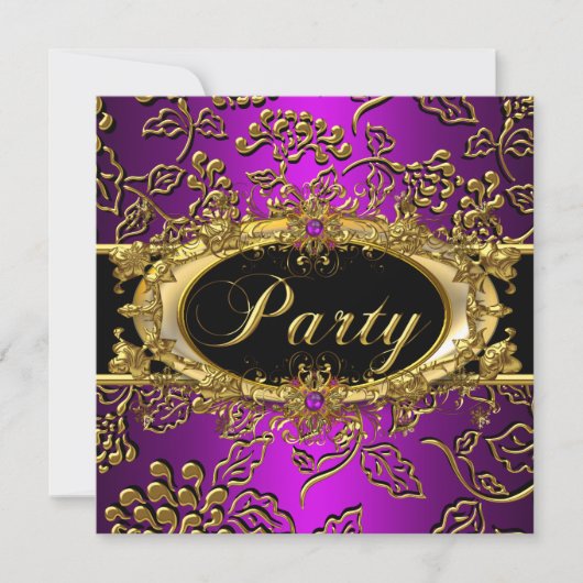 Magenta Birthday Party Damask Paars Pink Gold Kaart (Voorkant)