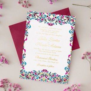 Magenta Blau Whimsical Bloemrijke Mandala Bruiloft Folie Uitnodiging