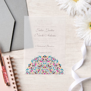 Magenta Blau Whimsical Bloemrijke Mandala Bruiloft Vellum Uitnodigingen