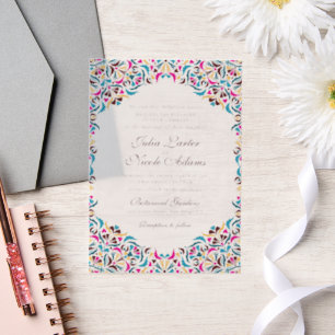 Magenta Blau Whimsical Bloemrijke Mandala Bruiloft Vellum Uitnodigingen