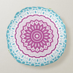 Magenta Blauw en Groen Mandala Patroon Rond Kussen