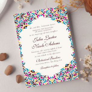 Magenta Blauw Geel Whimsical Bloemige Bruiloft Kaart