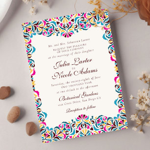 Magenta Blauw Geel Whimsical Bloemige Bruiloft Kaart
