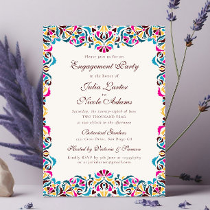 Magenta Blauw Whimsical Bloemensier Bruiloftsfeest Kaart