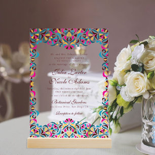 Magenta Blauw Whimsical Bloemrijke Mandala Bruilof Acryl Uitnodigingen