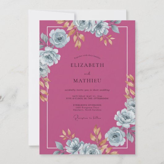 Magenta Blauwe Rozen Bruiloft Kaart (Voorkant)