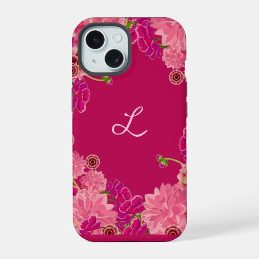 Magenta bloem initial iPhone 15 case (Achterkant)