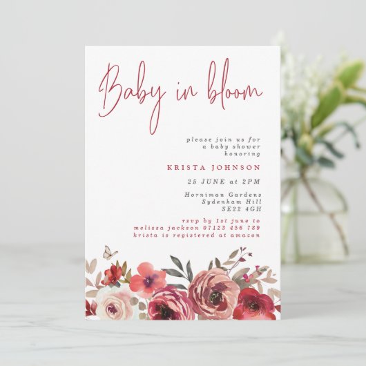 Magenta Bloemen Baby In Bloom Baby Shower Kaart (Staand voorkant)