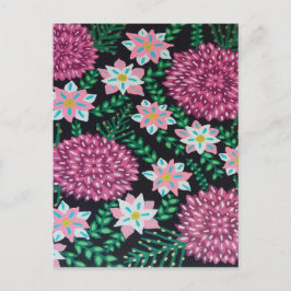 Magenta bloemen op zwarte kunst briefkaart