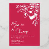 Magenta Bloemen Zilveren Folie Huwelijksuitnodigin Folie Uitnodiging (Voorkant)