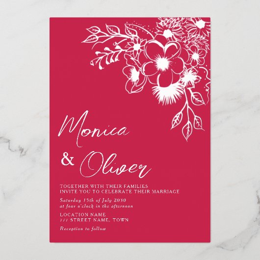Magenta Bloemen Zilveren Folie Huwelijksuitnodigin Folie Uitnodiging (Voorkant)