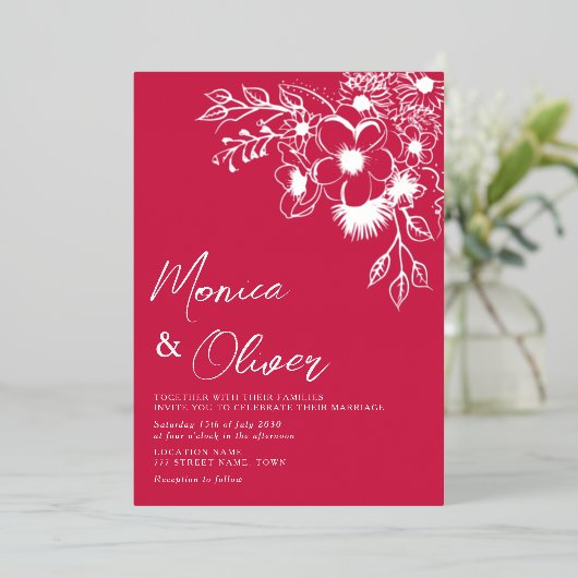 Magenta Bloemen Zilveren Folie Huwelijksuitnodigin Folie Uitnodiging (Staand Voorkant)