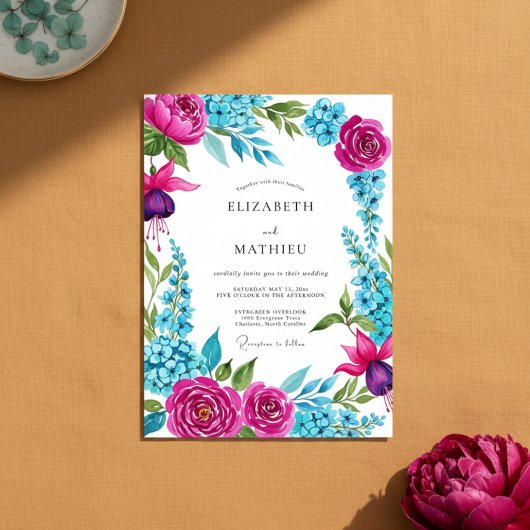 Magenta Bloemenschildering Romantische Bruiloft Kaart