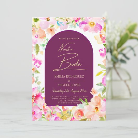 Magenta Bloemige Bruiloft Kaart (Staand voorkant)