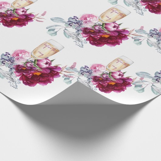 Magenta Bloemige Champagne Voor de Ring Trouw  Cadeaupapier (Hoek)