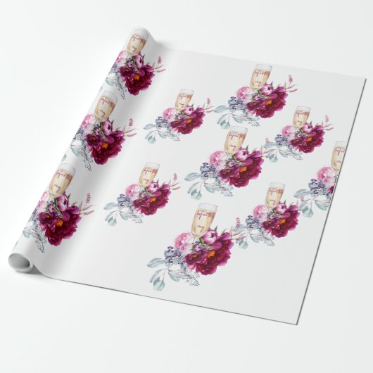 Magenta Bloemige Champagne Voor de Ring Trouw  Cadeaupapier (Uitgerold)